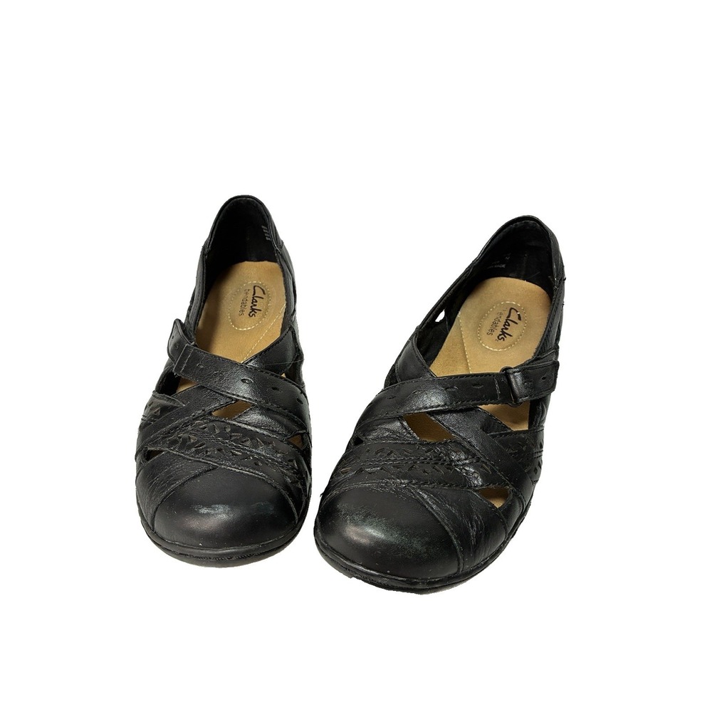 Clarks Ashland Spin women's black leather strappy loafers, Sz. 7.5